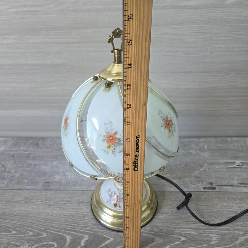 Vintage Golden Base and Floral Glass Paneled Shade 3 Way Touch Table Lamp 16